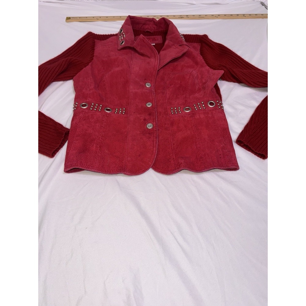 A.M.I. Collar 100% Suede Leather Knit Sleeve Jacket Sz M Button Up Rodeo Cowgirl